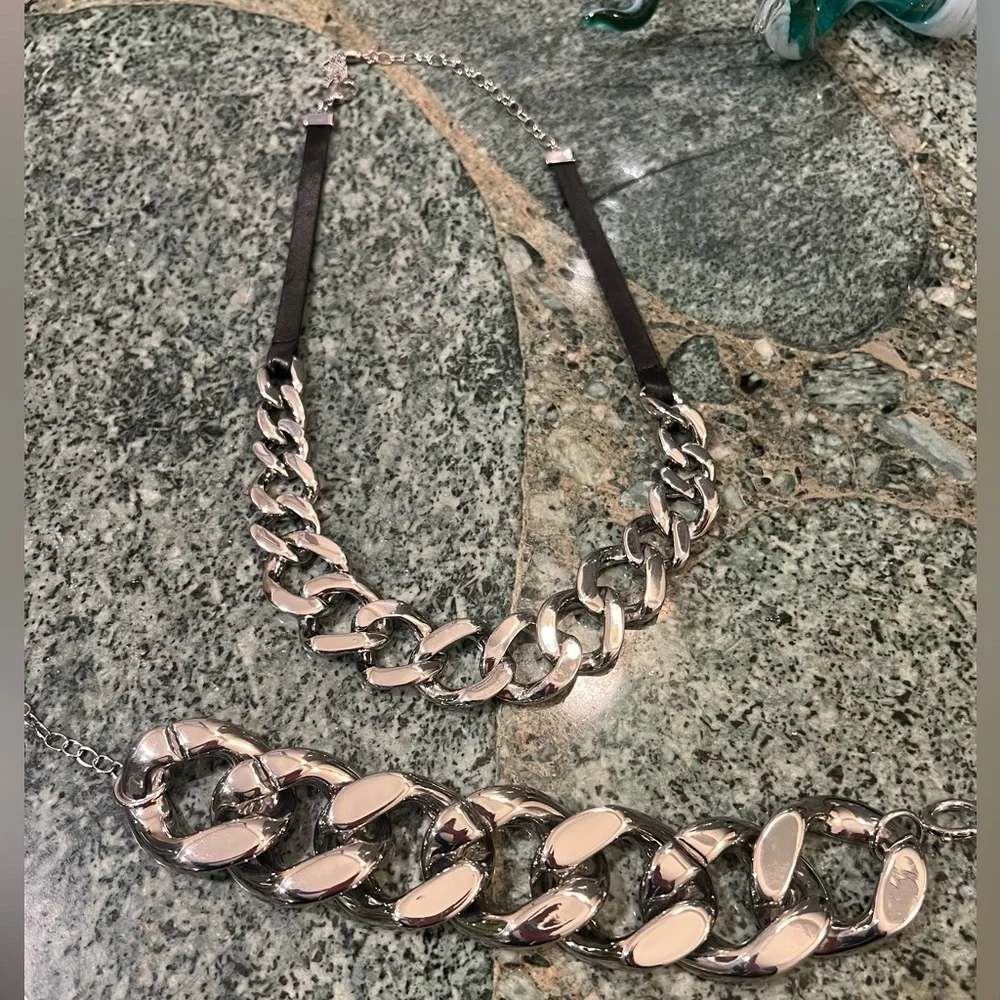 Silver and Black thick Chain Necklace/Choker & Bracelet